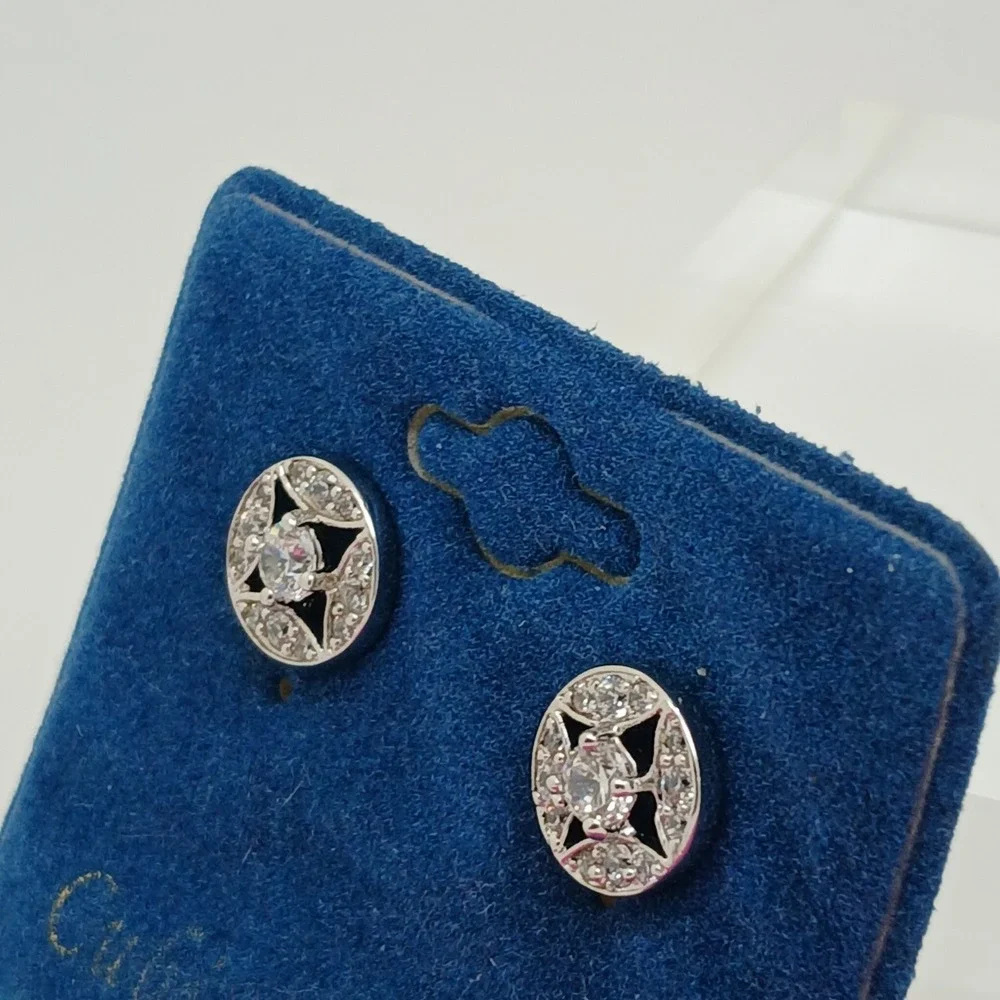 Vintage 1990s Cubic Zirconia Silver Tone‎ Geometric Round Stud Earrings New